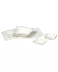 Explore new shapes for your table with the innovative New Wave entertaining set. Unique, fluid serveware and plates in premium Villeroy & Boch porcelain work together to create one ultra-modern and imaginative presentation. Explore new shapes for your table with the innovative New Wave entertaining set. Unique, fluid serveware and plates in premium Villeroy & Boch porcelain work together to create one ultra-modern and imaginative presentation.