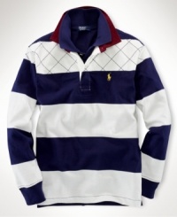 A classic bold stripe accents a long-sleeved rugby for heritage style. A classic bold stripe accents a long-sleeved rugby for heritage style.