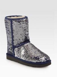 Cozy essential with glittery sequins and satin trim for an extra dose of glamorous style. Shaft, 8¼Leg circumference, 13Sequin-coated suede upper with satin trimShearling liningRubber solePadded insoleImported Cozy essential with glittery sequins and satin trim for an extra dose of glamorous style. Shaft, 8¼Leg circumference, 13Sequin-coated suede upper with satin trimShearling liningRubber solePadded insoleImported