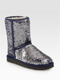 Cozy essential with glittery sequins and satin trim for an extra dose of glamorous style. Shaft, 8¼Leg circumference, 13Sequin-coated suede upper with satin trimShearling liningRubber solePadded insoleImported