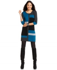 A bold colorblocked pattern puts a lively spin on this petite sweater dress from Spense! A bold colorblocked pattern puts a lively spin on this petite sweater dress from Spense!