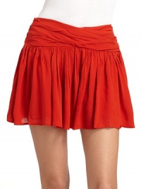 THE LOOKRuched wide waistbandAllover pleatsFlared silhouetteBack zipper with hook-and-eye closureTHE FITRise, about 12Inseam, about 4THE MATERIALViscose rayonFully linedCARE & ORIGINMachine washImportedModel shown is 5'10 (177cm) wearing US size 4. THE LOOKRuched wide waistbandAllover pleatsFlared silhouetteBack zipper with hook-and-eye closureTHE FITRise, about 12Inseam, about 4THE MATERIALViscose rayonFully linedCARE & ORIGINMachine washImportedModel shown is 5'10 (177cm) wearing US size 4.
