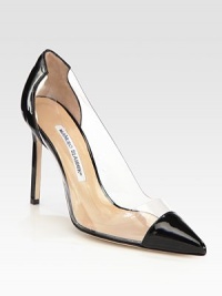 Show some skin wearing this notice-me pump in translucent PVC, mixed with glossy patent leather details. Patent leather-covered heel, 4 (100mm)PVC and patent leather upperPoint toeLeather lining and solePadded insoleMade in Italy Show some skin wearing this notice-me pump in translucent PVC, mixed with glossy patent leather details. Patent leather-covered heel, 4 (100mm)PVC and patent leather upperPoint toeLeather lining and solePadded insoleMade in Italy