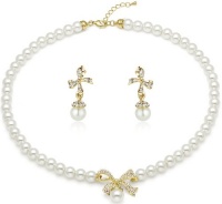 Rhinestone Studded Gold Tone Ribbon Synthetic Pearl Necklace and Earrings Set 3015102 Rhinestone Studded Gold Tone Ribbon Synthetic Pearl Necklace and Earrings Set 3015102