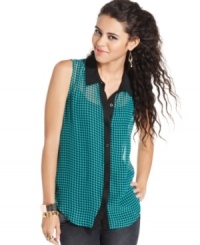 Fun and effortless! A peek-a-boo cutout at the back adds signature quirk to this easy, breezy plaid blouse from Material Girl. Fun and effortless! A peek-a-boo cutout at the back adds signature quirk to this easy, breezy plaid blouse from Material Girl.