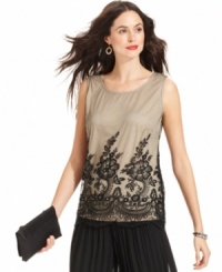 Borrow a bit of vintage glamour from another era with this Alfani top, featuring a floral embroidery and sparkling beading. Borrow a bit of vintage glamour from another era with this Alfani top, featuring a floral embroidery and sparkling beading.
