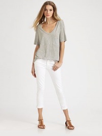 Rock your whites in this skinny-fit silhouette with a rollable hem.THE FITFitted through hips and thighsRise, about 8Inseam, about 25THE DETAILSZip flyFive-pocket style93% cotton/6% polyester/1% LycraMachine washMade in USAModel shown is 5'10 (178cm) wearing US size 4. Rock your whites in this skinny-fit silhouette with a rollable hem.THE FITFitted through hips and thighsRise, about 8Inseam, about 25THE DETAILSZip flyFive-pocket style93% cotton/6% polyester/1% LycraMachine washMade in USAModel shown is 5'10 (178cm) wearing US size 4.