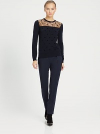 Soft velvet polka dots and a delicate lace yoke dress up this finespun cashmere-blend pullover.Banded crewneckSheer lace yokeRIb-knit cuffs and hem70% wool/30% cashmereDry cleanMade in ItalyModel shown is 5'8 (172cm) wearing US size 4. Soft velvet polka dots and a delicate lace yoke dress up this finespun cashmere-blend pullover.Banded crewneckSheer lace yokeRIb-knit cuffs and hem70% wool/30% cashmereDry cleanMade in ItalyModel shown is 5'8 (172cm) wearing US size 4.