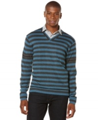 Stripes are always in style, get toasty and stay trendy with this Perry Ellis v-neck sweater. Stripes are always in style, get toasty and stay trendy with this Perry Ellis v-neck sweater.