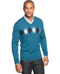 Argyle never goes out of style, and this merino blend sweater by Club Room perfects that timeless trend. Argyle never goes out of style, and this merino blend sweater by Club Room perfects that timeless trend.