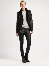 A genuine sheepskin jacket with butter-soft leather sleeves offering a hint of edgy-chic style.Notched collarLeather sleevesAsymmetrical zipper closureZipper slash pocketsFully linedAbout 24 from shoulder to hemSheepskinDry clean by leather specialistImported Model shown is 5'10½ (179cm) wearing US size Small. A genuine sheepskin jacket with butter-soft leather sleeves offering a hint of edgy-chic style.Notched collarLeather sleevesAsymmetrical zipper closureZipper slash pocketsFully linedAbout 24 from shoulder to hemSheepskinDry clean by leather specialistImported Model shown is 5'10½ (179cm) wearing US size Small.