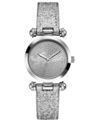 Flaunt iconic style from GUESS with a glitter-covered watch in silver sparkle. Flaunt iconic style from GUESS with a glitter-covered watch in silver sparkle.