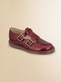 A chic T-strap design in metallic, finished with a double buckle closure and perforated teardrops on the toe for a precious look. Double buckle closure Synthetic upper Rubber sole Padded insole Leather lining ImportedPlease note: It is recommended that you order a ½ size smaller than measured. If your child measures a size 7.0, you may want to order a 6½. A chic T-strap design in metallic, finished with a double buckle closure and perforated teardrops on the toe for a precious look. Double buckle closure Synthetic upper Rubber sole Padded insole Leather lining ImportedPlease note: It is recommended that you order a ½ size smaller than measured. If your child measures a size 7.0, you may want to order a 6½.