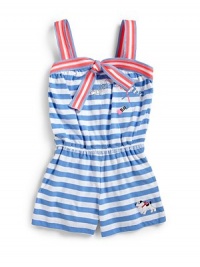 THE LOOKContrast square neckline with bow detailPull-on styleContrast strapsStriped designRhinestone detailsEmbroidered SR and dog logoElastic waistTHE MATERIALCottonCARE & ORIGINMachine washImported