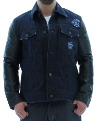 Marc Moto By Andrew Marc Men's Trucker Denim Jean Jacket Coat Leather Sleeves Marc Moto By Andrew Marc Men's Trucker Denim Jean Jacket Coat Leather Sleeves