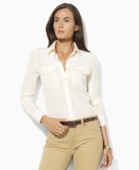 Inspired by rugged safari looks, Lauren by Ralph Lauren's classic shirt is updated for chic femininity in airy, fluid silk. Inspired by rugged safari looks, Lauren by Ralph Lauren's classic shirt is updated for chic femininity in airy, fluid silk.