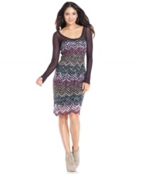 Fever's body-con dress is all about texture - lace sleeves and a colorful chevron knit bodice create the perfect combination. Fever's body-con dress is all about texture - lace sleeves and a colorful chevron knit bodice create the perfect combination.