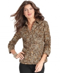 Jones New York Signature's chic shirt stays crisp, thanks to 100% cotton, but offers a wild touch with a bold animal print. (Clearance) Jones New York Signature's chic shirt stays crisp, thanks to 100% cotton, but offers a wild touch with a bold animal print. (Clearance)