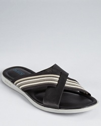 The striped contrast strap fits through the solid one in a uniquely designed criss-cross sandal that's good for hanging here, there and everywhere in between. The striped contrast strap fits through the solid one in a uniquely designed criss-cross sandal that's good for hanging here, there and everywhere in between.