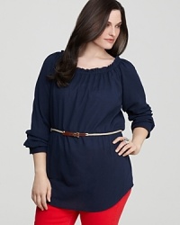 A chic rope belt creates a sumptuously feminine silhouette on this MICHAEL Michael Kors top, for a rich, nautical take on the classic peasant silhouette. A chic rope belt creates a sumptuously feminine silhouette on this MICHAEL Michael Kors top, for a rich, nautical take on the classic peasant silhouette.