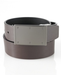 Change up your style with the sleek reversible design of this modern plaque belt in smooth nappa leather from Alfani. Change up your style with the sleek reversible design of this modern plaque belt in smooth nappa leather from Alfani.
