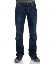 Superstar status is what you'll have in this comfortable slim fit jeans by Affliction with unique design on back pockets. Superstar status is what you'll have in this comfortable slim fit jeans by Affliction with unique design on back pockets.
