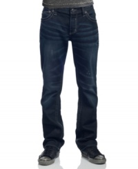 Superstar status is what you'll have in this comfortable slim fit jeans by Affliction with unique design on back pockets.