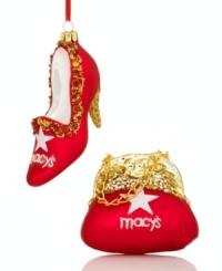 Accessories make the tree. Holiday-red Macy's pump and matching handbag ornaments make the cut for high-fashion Christmas trees. With gold glitter, shimmering beads and luxe detailing. Bag hangs from chain handle. Accessories make the tree. Holiday-red Macy's pump and matching handbag ornaments make the cut for high-fashion Christmas trees. With gold glitter, shimmering beads and luxe detailing. Bag hangs from chain handle.