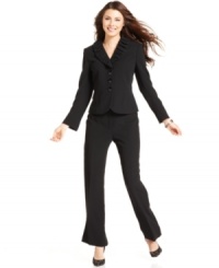 How do you take a classic black suit to the next level? Evan Picone uses a ruched collar to craft a chic yet timeless ensemble. How do you take a classic black suit to the next level? Evan Picone uses a ruched collar to craft a chic yet timeless ensemble.