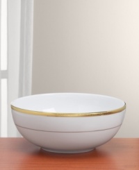 Add the warm glow of gold to your formal table with the classic style of the Grand Buffet Gold dinnerware collection. With a gold rim and classic stripe, this oversized serving bowl presents vegetables, sides and more in style. Add the warm glow of gold to your formal table with the classic style of the Grand Buffet Gold dinnerware collection. With a gold rim and classic stripe, this oversized serving bowl presents vegetables, sides and more in style.
