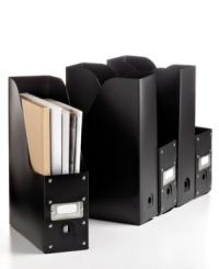 Catalog your interests. These heavy-duty magazine organizers make it easy to sort and organize your favorite reading material. A metal-framed ID card on the outside front of each is a quick way to know what waits inside. 1-year warranty. Catalog your interests. These heavy-duty magazine organizers make it easy to sort and organize your favorite reading material. A metal-framed ID card on the outside front of each is a quick way to know what waits inside. 1-year warranty.