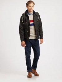 Classic parka style shaped in waxed cotton with front zip and snap-button closure, corduroy collar, removable hood and an array of pockets for a look that is both functional and fashionable.Zip frontStand collarRemovable hoodZippered chest, waist flap pocketsAbout 27 from shoulder to hem CottonMachine washImported Classic parka style shaped in waxed cotton with front zip and snap-button closure, corduroy collar, removable hood and an array of pockets for a look that is both functional and fashionable.Zip frontStand collarRemovable hoodZippered chest, waist flap pocketsAbout 27 from shoulder to hem CottonMachine washImported