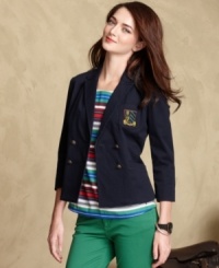 Channel collegiate chic in Tommy Hilfiger's fitted blazer, complete with an embroidered logo crest at the chest. Channel collegiate chic in Tommy Hilfiger's fitted blazer, complete with an embroidered logo crest at the chest.