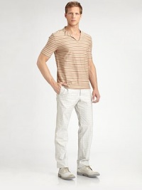 Seamless sophistication, defines this classic-fitting silhouette, handsomely tailored in rich, check-patterned cotton.Flat-front styleSide slash, back flap pocketsInseam, about 33CottonMachine washImported Seamless sophistication, defines this classic-fitting silhouette, handsomely tailored in rich, check-patterned cotton.Flat-front styleSide slash, back flap pocketsInseam, about 33CottonMachine washImported