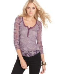 An allover burnout fabric moves the henley top into fashion-forward territory with this Free People style! An allover burnout fabric moves the henley top into fashion-forward territory with this Free People style!
