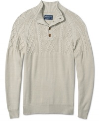 American Rag borrows the kind of classic cables featured on a fisherman's knit for a lighter weight, three-season cotton sweater with a buttoning mock turtleneck. American Rag borrows the kind of classic cables featured on a fisherman's knit for a lighter weight, three-season cotton sweater with a buttoning mock turtleneck.