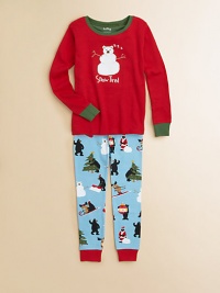 While the bears and moose have some holiday fun, the snowman catches some zzzzs in these delightful pjs with an appliquéd top and allover print bottoms.Ribbed contrast crew necklineLong sleeves with contrast ribbed cuffsElastic-waist bottoms with contrast ribbed cuffsCottonMachine washImported While the bears and moose have some holiday fun, the snowman catches some zzzzs in these delightful pjs with an appliquéd top and allover print bottoms.Ribbed contrast crew necklineLong sleeves with contrast ribbed cuffsElastic-waist bottoms with contrast ribbed cuffsCottonMachine washImported