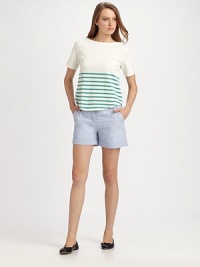 This nautical-inspired style is banded with crisp, colorful stripes.BoatneckShort sleevesRounded hemline87% cotton/13% acrylicDry cleanMade in USA of imported fabricModel shown is 5'10 (177cm) wearing US size 4. This nautical-inspired style is banded with crisp, colorful stripes.BoatneckShort sleevesRounded hemline87% cotton/13% acrylicDry cleanMade in USA of imported fabricModel shown is 5'10 (177cm) wearing US size 4.