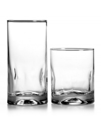 Beveled indents at the bases of this set of drinking glasses creates a sleek silhouette and allow for a comfortable grip. Set includes 8 highball glasses and 8 double old-fashioned glasses. Beveled indents at the bases of this set of drinking glasses creates a sleek silhouette and allow for a comfortable grip. Set includes 8 highball glasses and 8 double old-fashioned glasses.