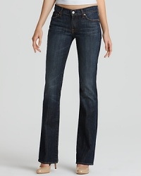 Basic 5-pocket style jeans with zip/button front closure. Bootleg shape with squiggle embroidery on back pockets. Classic bootcut sits low on the waist, slim through the thighs and widens at knee to a bootcut hem. Basic 5-pocket style jeans with zip/button front closure. Bootleg shape with squiggle embroidery on back pockets. Classic bootcut sits low on the waist, slim through the thighs and widens at knee to a bootcut hem.