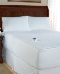 Two mattress pads in one! Get the warmth you need in the winter and the soothing comfort you desire in warmer months with this removable top heated mattress pad featuring small-as-can-be wire. The heated top is easily removed for cleaning and storage. Connector located at head of bed. 233 thread count cotton. 233-thread count cover. Two mattress pads in one! Get the warmth you need in the winter and the soothing comfort you desire in warmer months with this removable top heated mattress pad featuring small-as-can-be wire. The heated top is easily removed for cleaning and storage. Connector located at head of bed. 233 thread count cotton. 233-thread count cover.