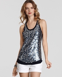 Sparkling sequins form a feisty leopard print all over the front of this glam tank from BCBGMAXAZRIA.