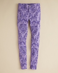 Beautifully detailed floral prints in tonal hues weave a touch of mystery into J Brand's Baroque print skinny jeans. Beautifully detailed floral prints in tonal hues weave a touch of mystery into J Brand's Baroque print skinny jeans.