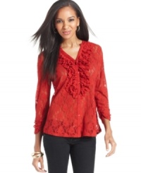 Add a femme feel to your outfit with this lace top from Style&co.--a ruffled front placket makes it extra romantic. Add a femme feel to your outfit with this lace top from Style&co.--a ruffled front placket makes it extra romantic.