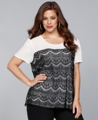 Delicate eyelash lace updates INC's plus size scoopneck top. Wear this chic piece for evening with tuxedo-inspired pants or a sophisticated skirt. Delicate eyelash lace updates INC's plus size scoopneck top. Wear this chic piece for evening with tuxedo-inspired pants or a sophisticated skirt.