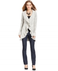 Fall just got a little warmer with this pretty cardigan from Style&co. Soft ruffles create a more feminine silhouette to your look. Fall just got a little warmer with this pretty cardigan from Style&co. Soft ruffles create a more feminine silhouette to your look.