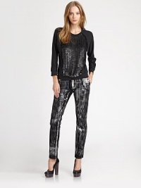 Timelessly tailored skinny jeans dusted with a glimmering foil-like finish. THE FITRise, about 8½Inseam, about 29THE DETAILSButton closureZip flyFour-pocket style98% cotton/2% polyurethaneMachine washMade in USA of imported fabricModel shown is 5'11 (178cm) wearing US size 4. Timelessly tailored skinny jeans dusted with a glimmering foil-like finish. THE FITRise, about 8½Inseam, about 29THE DETAILSButton closureZip flyFour-pocket style98% cotton/2% polyurethaneMachine washMade in USA of imported fabricModel shown is 5'11 (178cm) wearing US size 4.