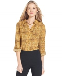 Style&co.'s snake-print petite shirt looks chic in a vibrant hue. Wear it with trousers for a polished work look or dress up a pair of dark jeans! Style&co.'s snake-print petite shirt looks chic in a vibrant hue. Wear it with trousers for a polished work look or dress up a pair of dark jeans!