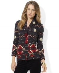 Lauren Ralph Lauren's heritage shawl-collar petite cardigan is rendered in a soft fleece for comfort and style. Lauren Ralph Lauren's heritage shawl-collar petite cardigan is rendered in a soft fleece for comfort and style.