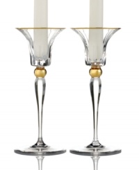 Handcrafted in premium Rogaska crystal, Elmsford candlesticks shine with the luxe sophistication of Trump Home. Delicate cuts and touches of gold add elegant flair to formal interiors. Handcrafted in premium Rogaska crystal, Elmsford candlesticks shine with the luxe sophistication of Trump Home. Delicate cuts and touches of gold add elegant flair to formal interiors.